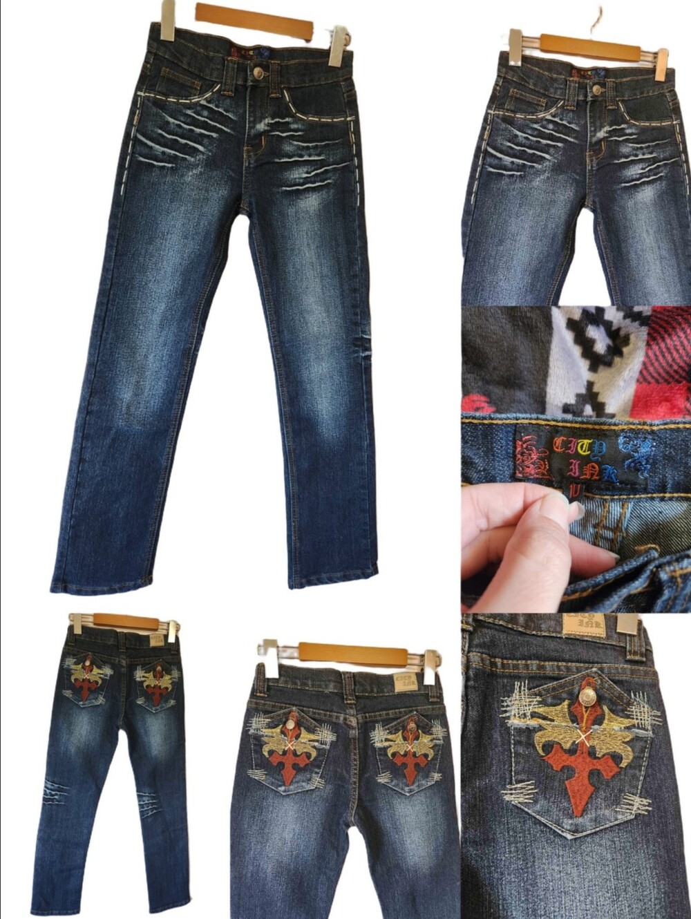 (New) City Ink Y2K Embroidered Flap-Up Pocket Jeans Contrast Stitch Size 25